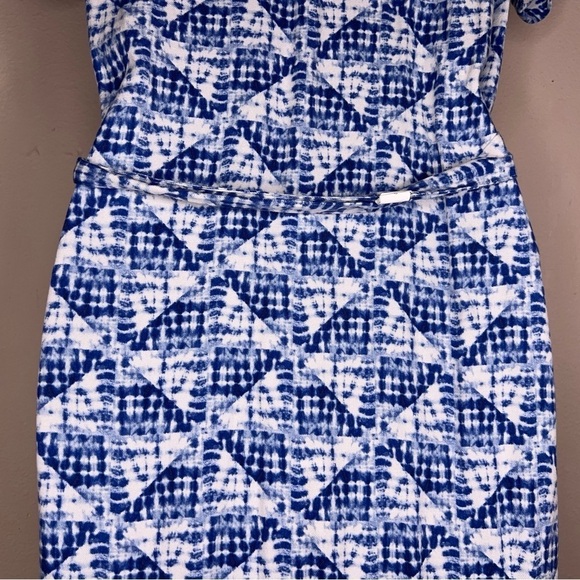 SMALL SONOMA BLUE WHITE BELTED DRESS SHORT SLEEVE MIDI LENGTH RAYON COASTAL - Picture 9 of 14